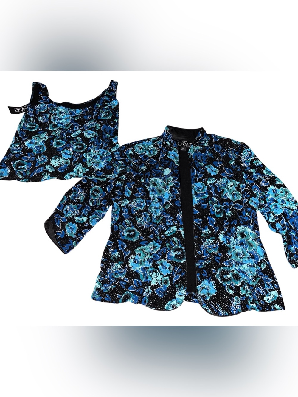 Petite Alex Evenings Black blazer with Blue and Teal Accents & sparkle. Size LP